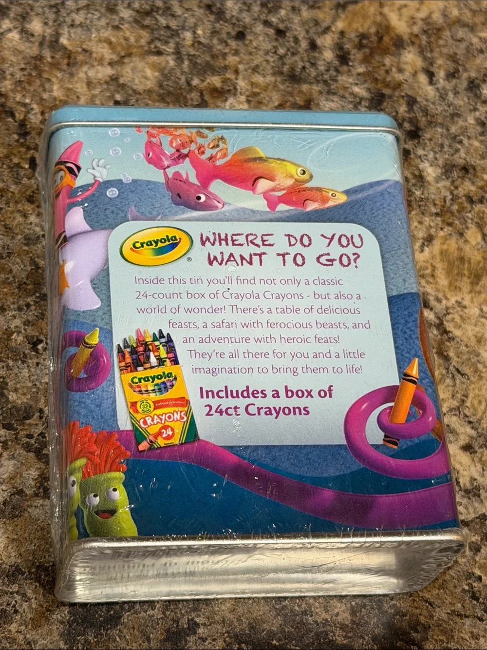 Crayola Tin with Yellow Crayon Character & Purple Octopus Artwork
